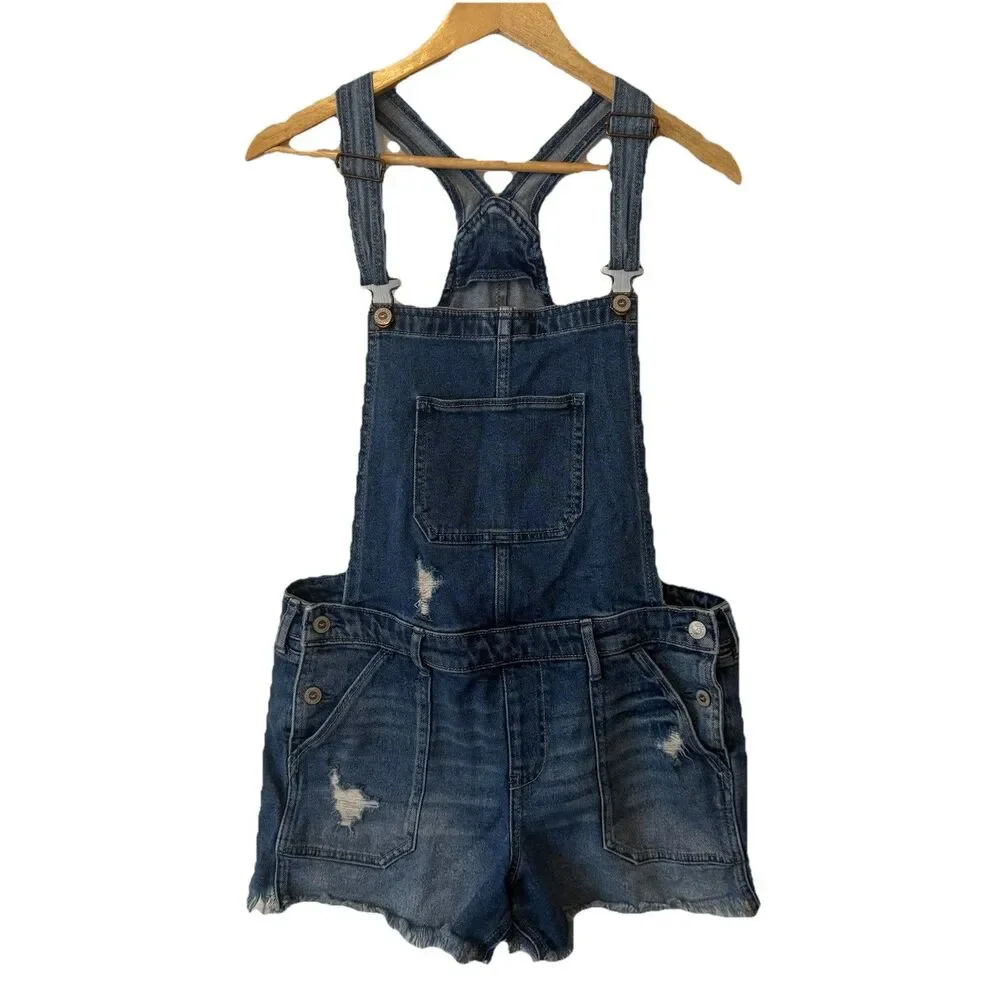 Hollister Boyfriend Short Denim Overalls Size Large Distressed Raw Hem Stretch